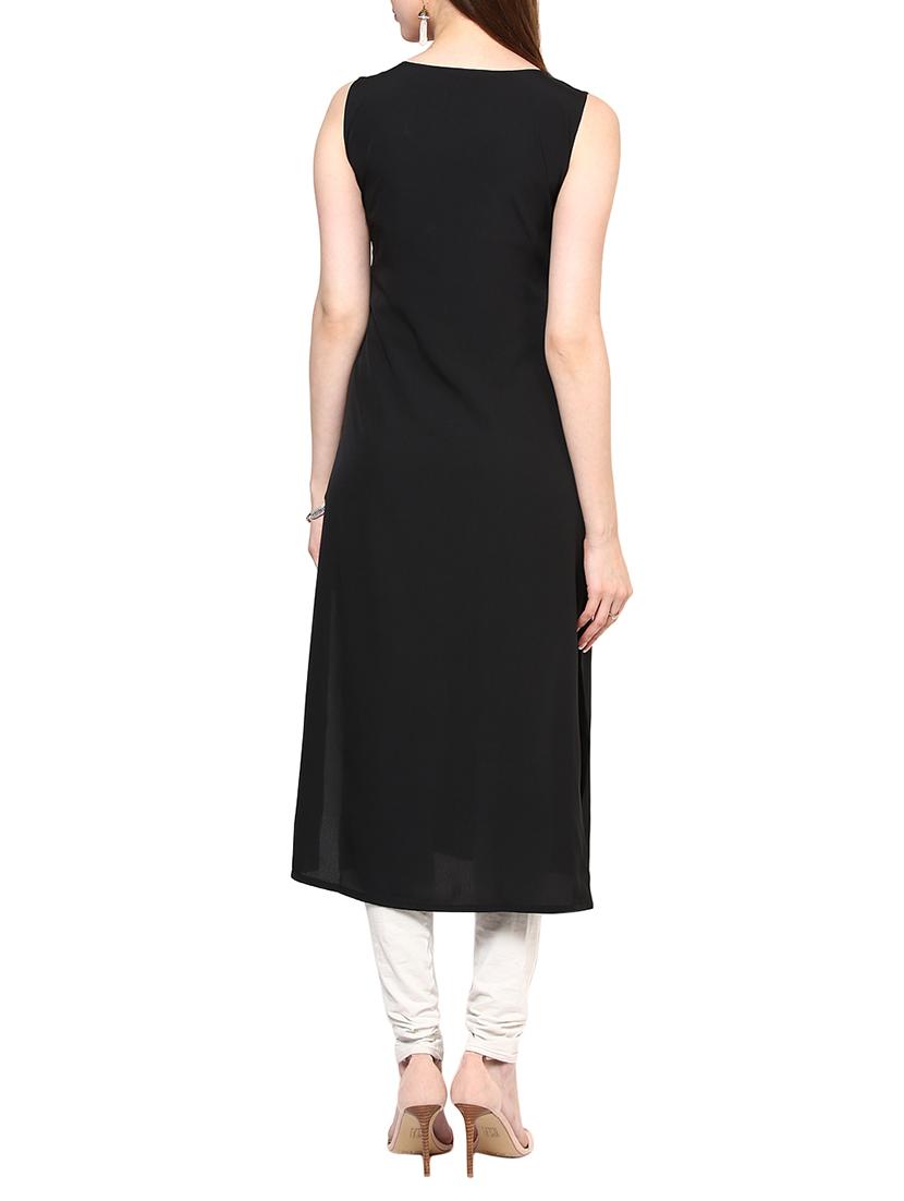 black crepe colour block straight kurta - 12150600 - Zoom Image - 3