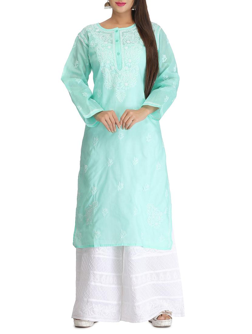 green cotton straight kurta - 12152633 - Zoom Image - 1
