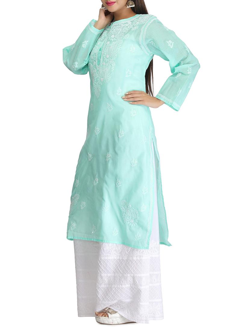 green cotton straight kurta - 12152633 - Zoom Image - 2