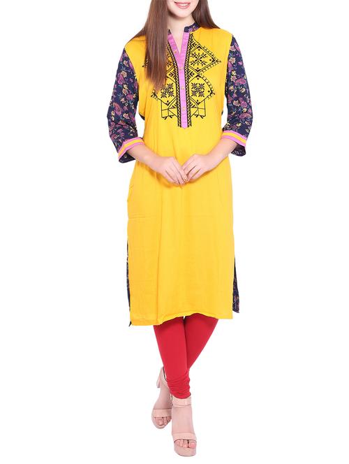 yellow rayon straight kurta - 12157125 - Standard Image - 1