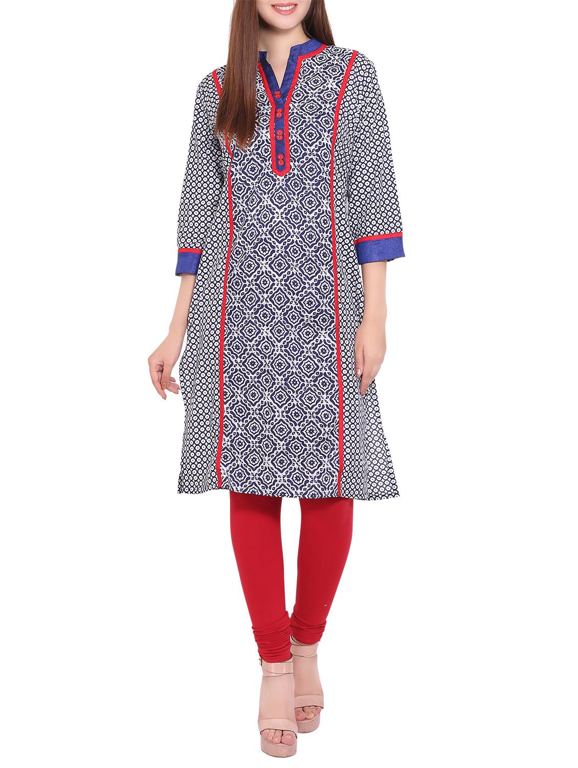 blue cotton printed straight kurta - 12157128 - Zoom Image - 1