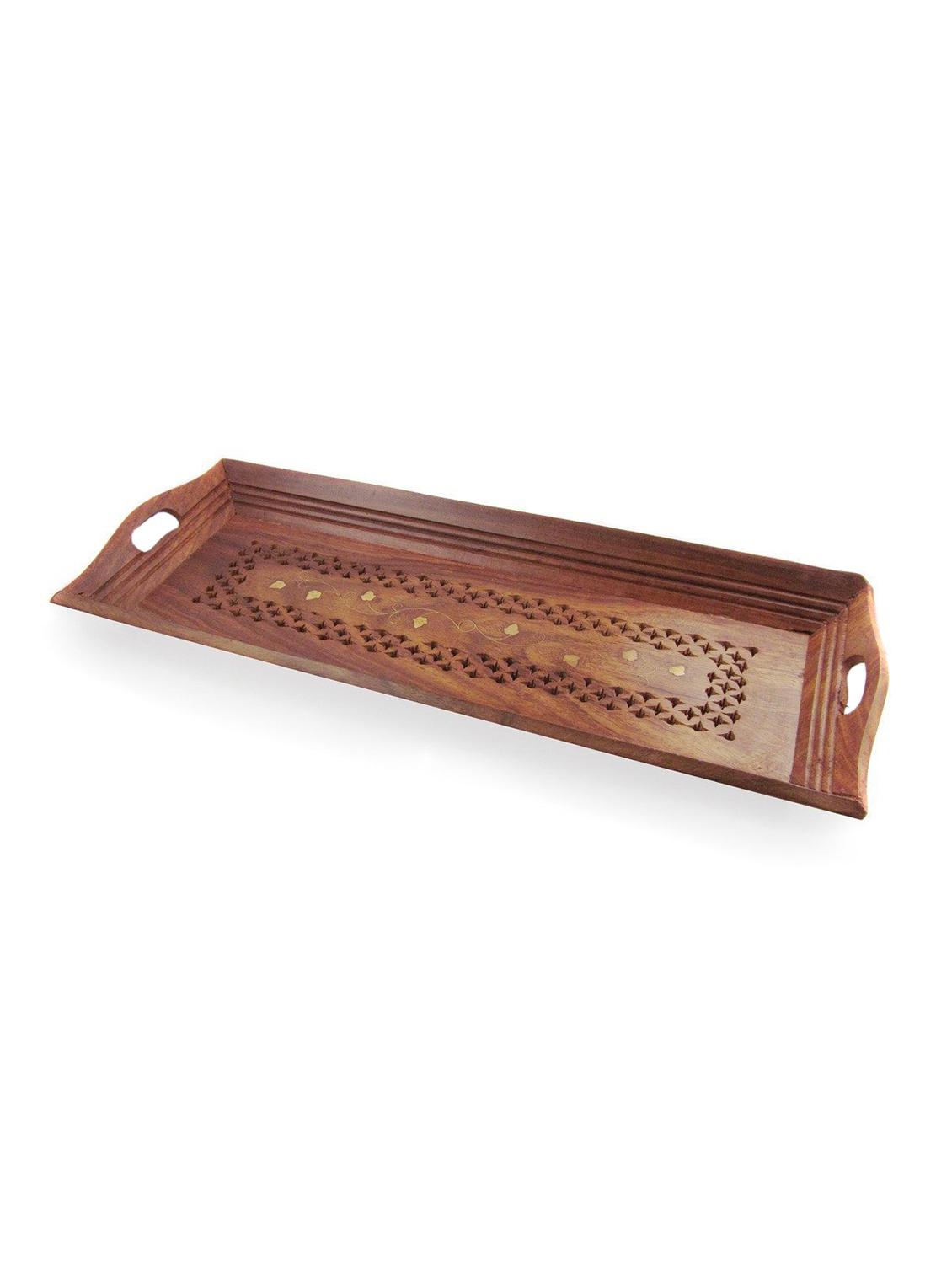 desi karigar fancy set of 3 wooden serving tray set with brass work - 12163996 - Zoom Image - 2