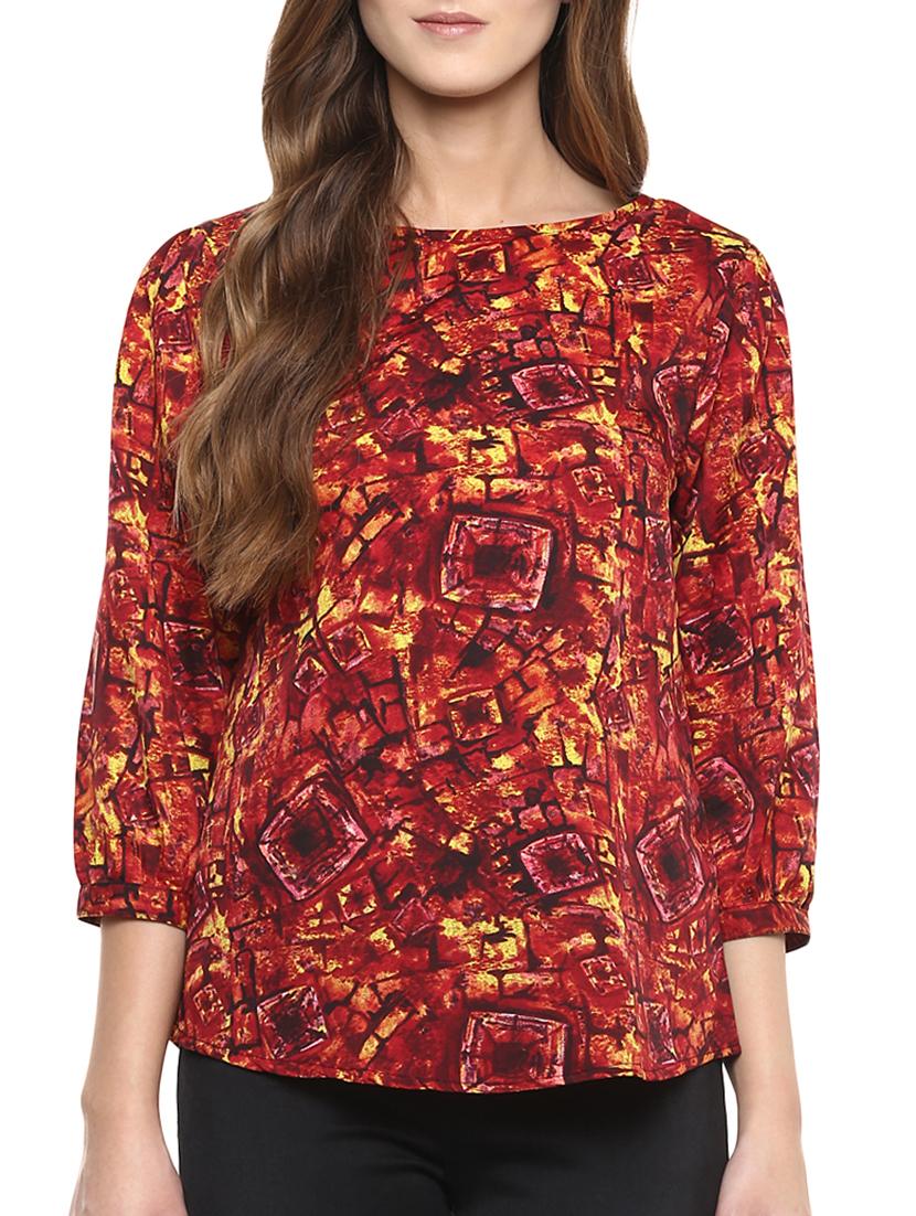 red printed poly crepe top - 12180228 - Zoom Image - 1