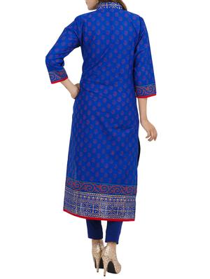 blue cotton straight kurta - 12206702 - Standard Image - 3
