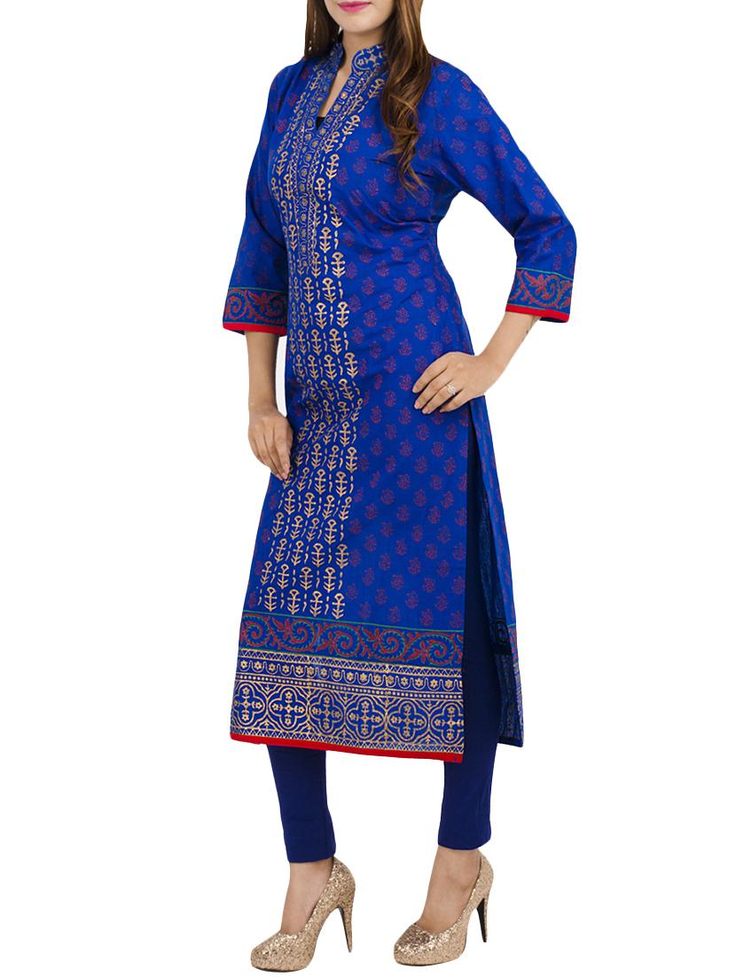 blue cotton straight kurta - 12206702 - Zoom Image - 2