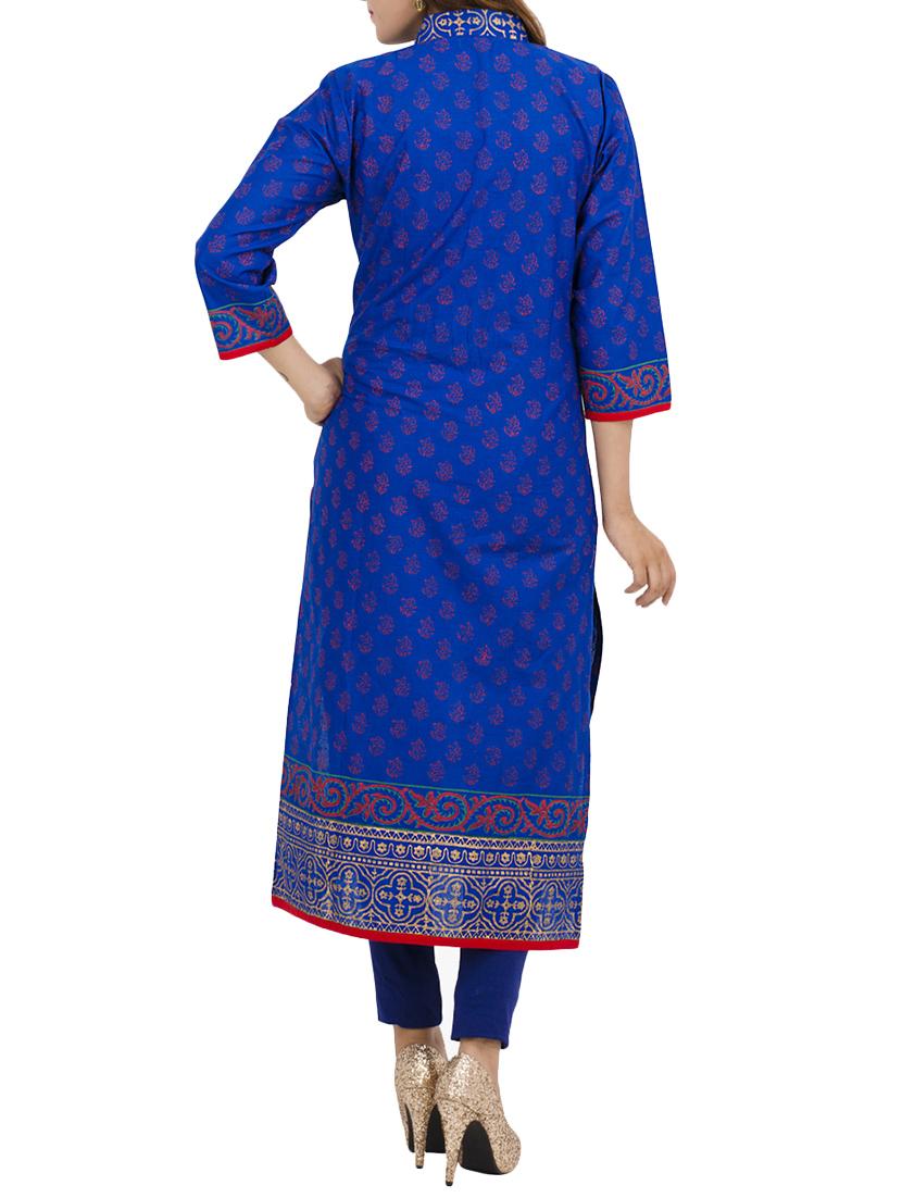 blue cotton straight kurta - 12206702 - Zoom Image - 3