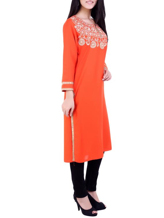 orange rayon long kurta - 12215125 - Zoom Image - 2