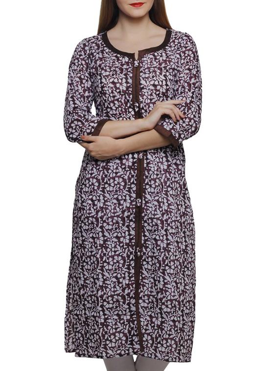 brown cotton printed straight kurta - 12221531 - Zoom Image - 1
