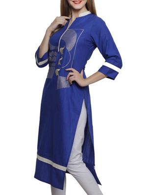 blue cotton embroidered straight kurta - 12221537 - Standard Image - 2