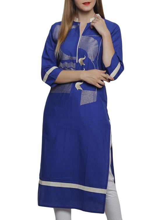 blue cotton embroidered straight kurta - 12221537 - Zoom Image - 1