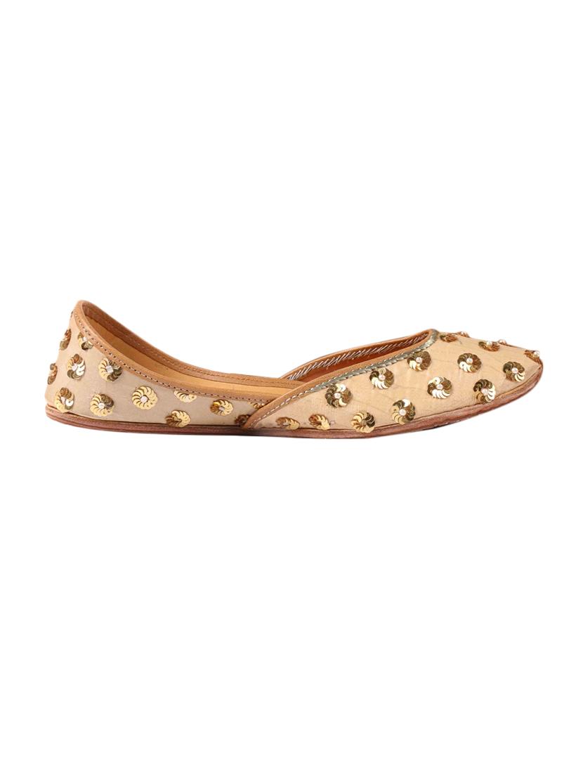 beige silk hand embroidered sequined mojaris - 12221680 - Zoom Image - 1