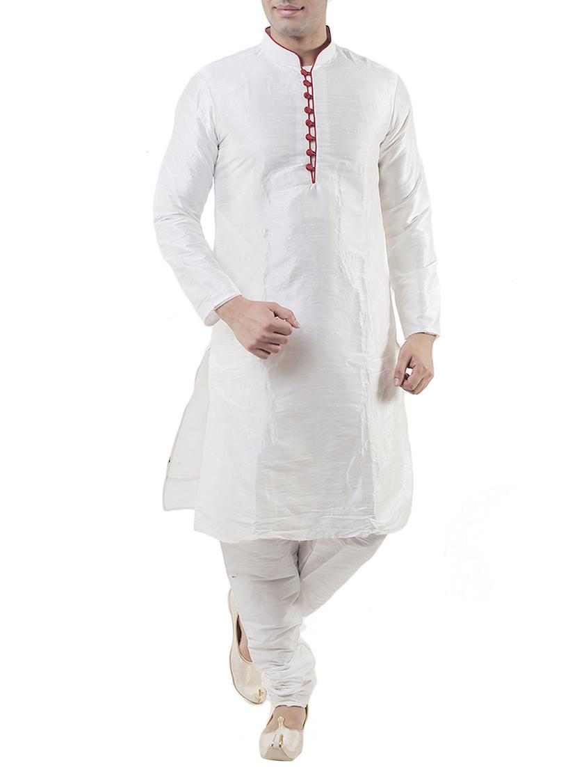 white silk blend kurta pyjama set - 12244249 - Zoom Image - 1