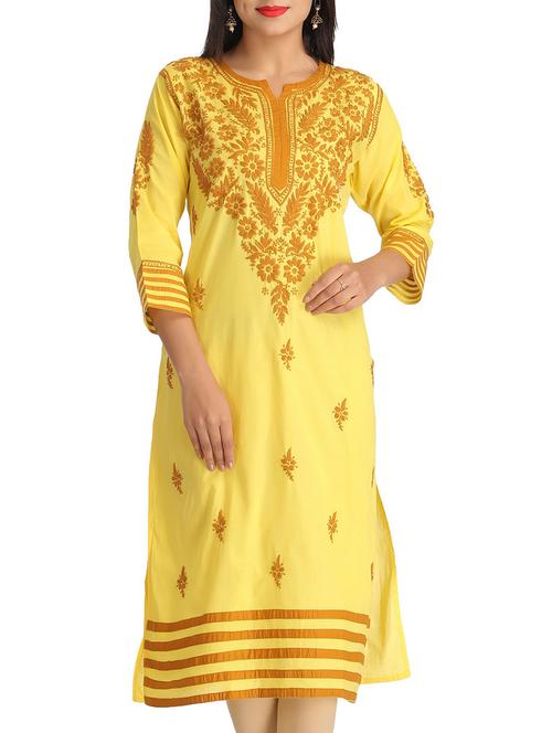 yellow cotton straight kurta - 12245190 - Very Small Image - 1