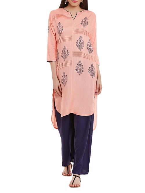 high low block print kurta - 12251066 - Standard Image - 1