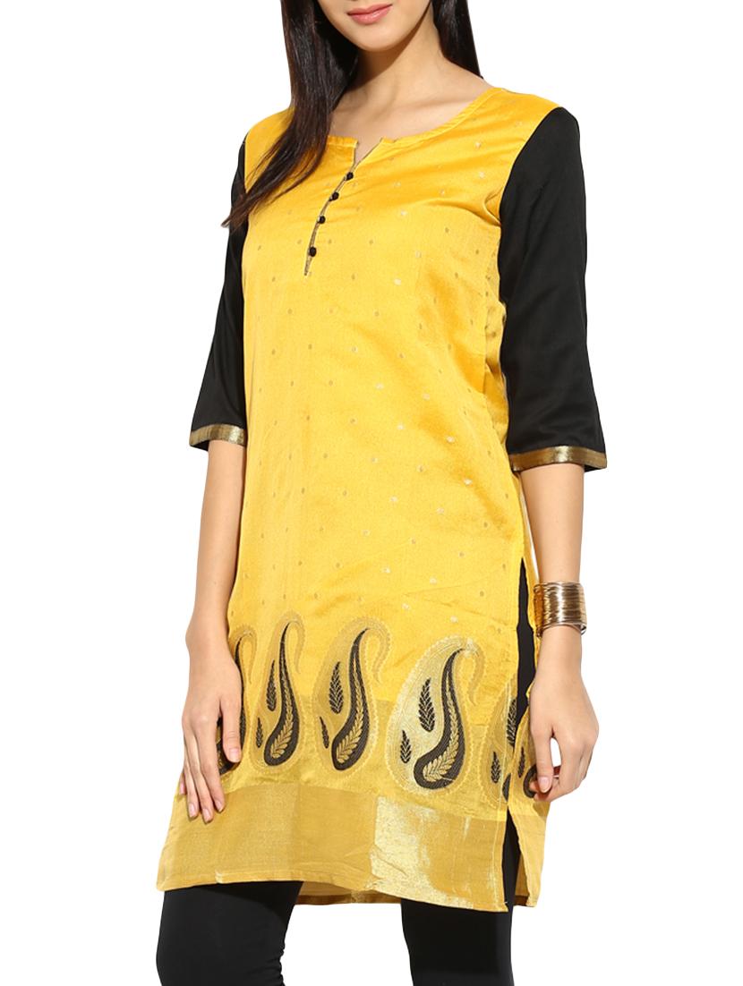 yellow chanderi straight kurta - 12265112 - Zoom Image - 2