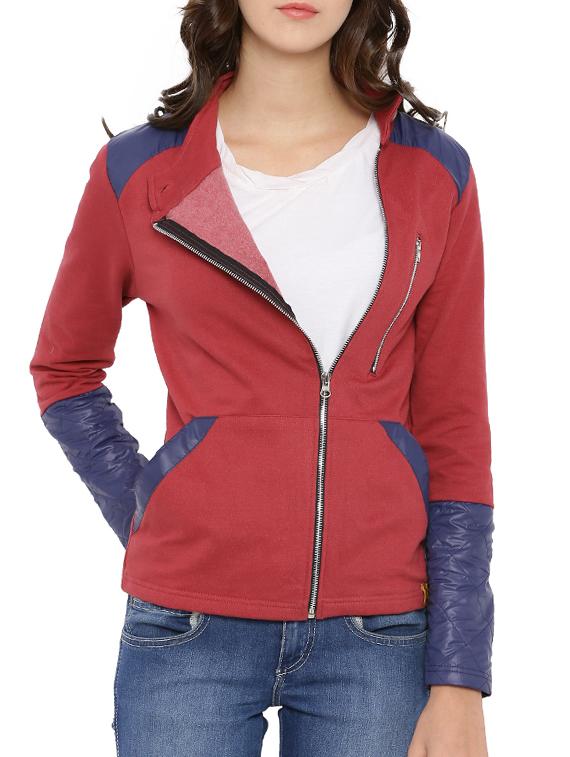 solid red cotton zipper jacket