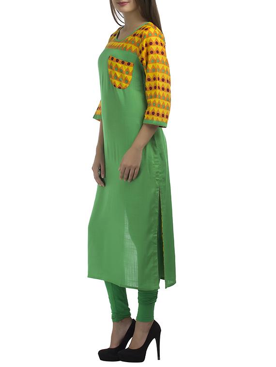 green rayon straight kurta - 12274058 - Zoom Image - 2