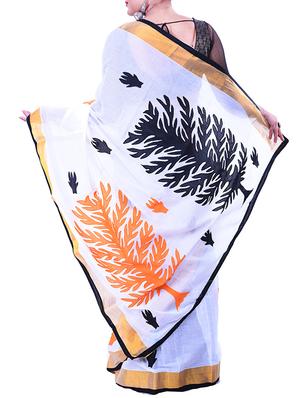 white cotton applique worked saree with blouse - 12274884 - Standard Image - 2