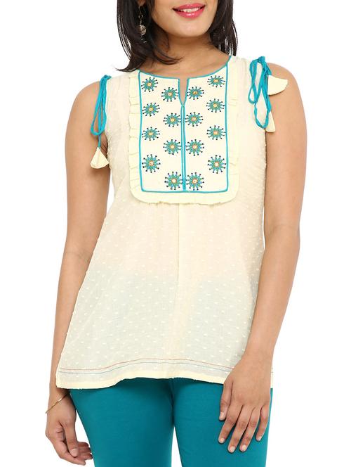 cream cotton embroidered kurti - 12276012 - Standard Image - 1