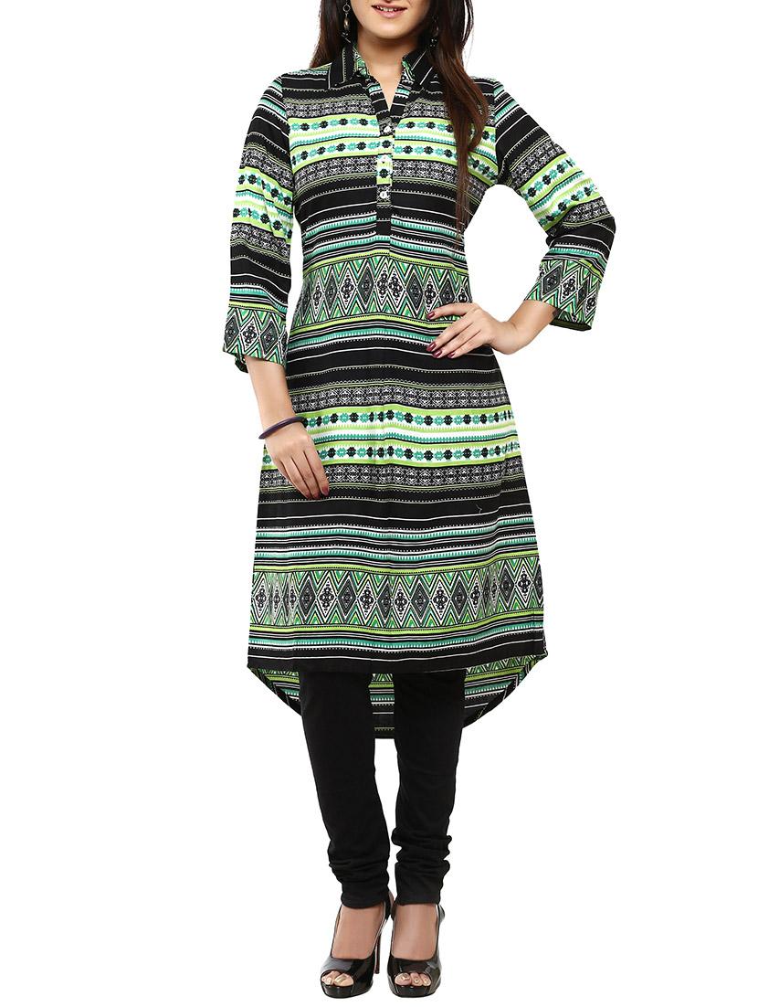 green viscose highlow kurta - 12276031 - Zoom Image - 1