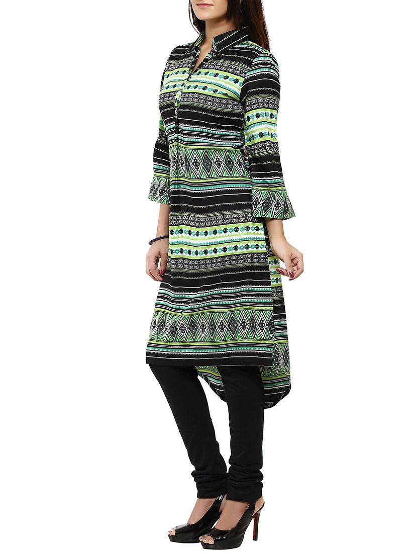 green viscose highlow kurta - 12276031 - Zoom Image - 2