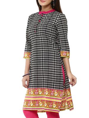 black and white cotton straight kurta - 12276032 - Standard Image - 2