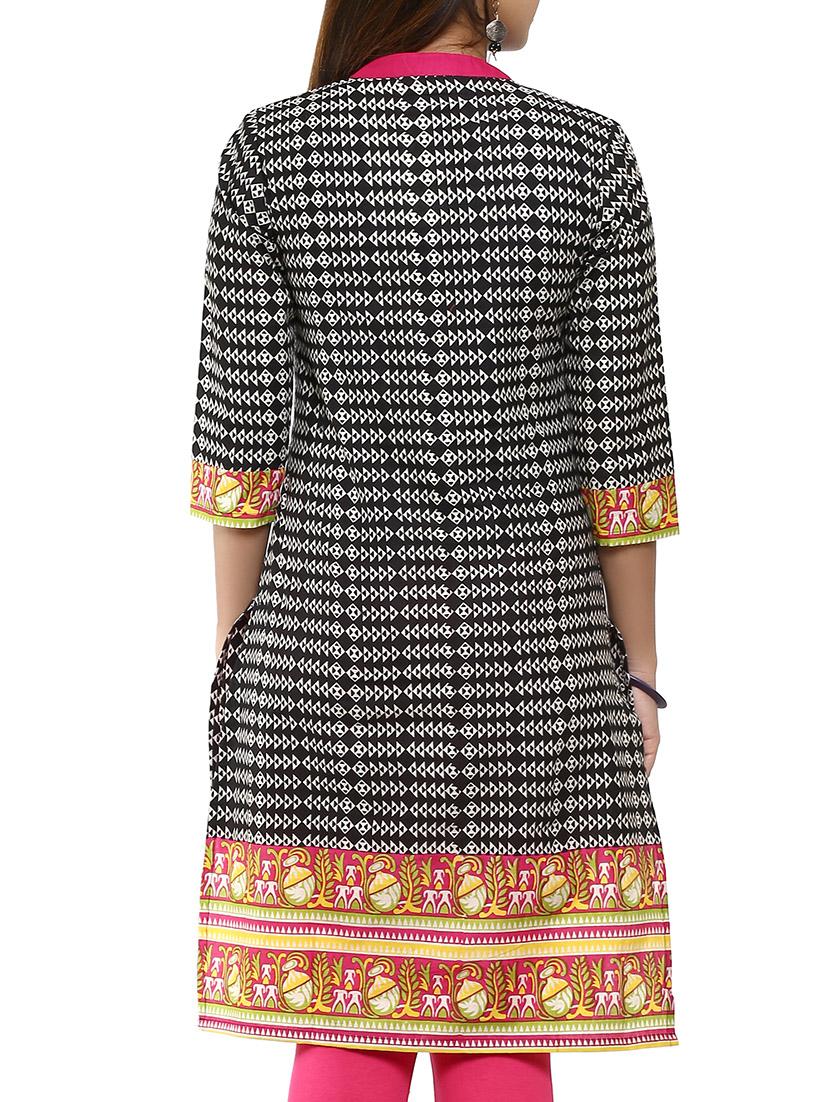 black and white cotton straight kurta - 12276032 - Zoom Image - 3