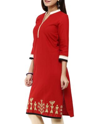 red cotton straight kurta - 12276034 - Standard Image - 2