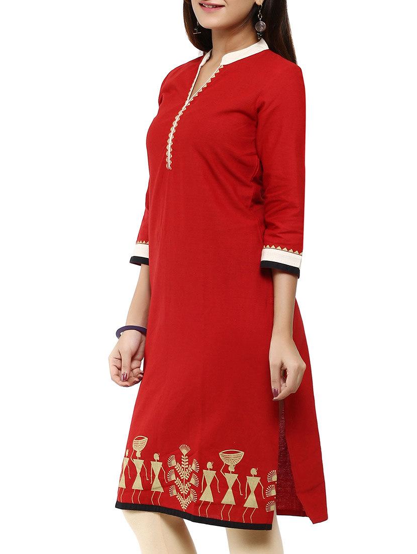 red cotton straight kurta - 12276034 - Zoom Image - 2