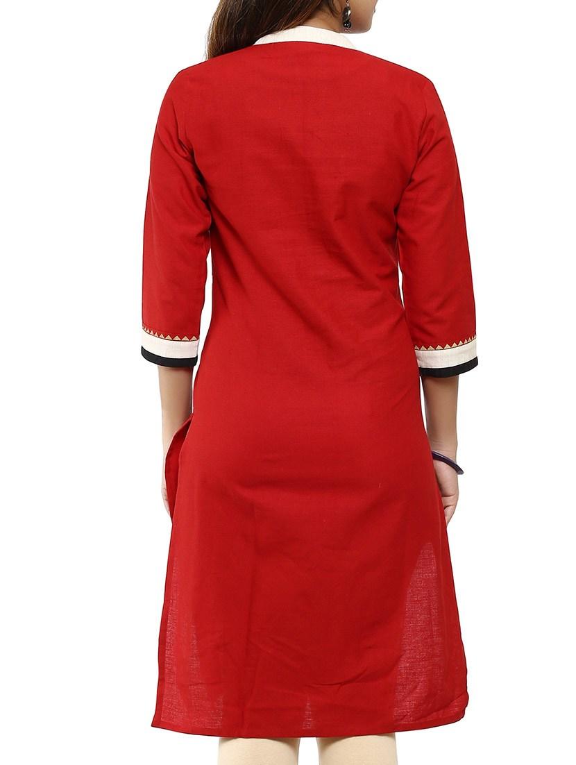 red cotton straight kurta - 12276034 - Zoom Image - 3