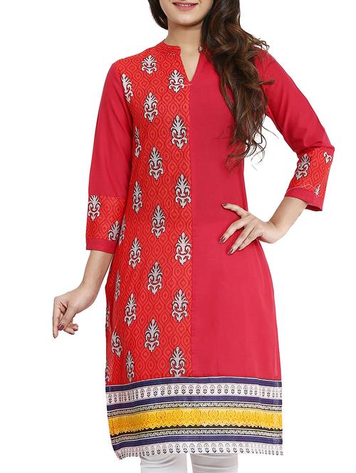red cotton straight kurta - 12276044 - Standard Image - 1