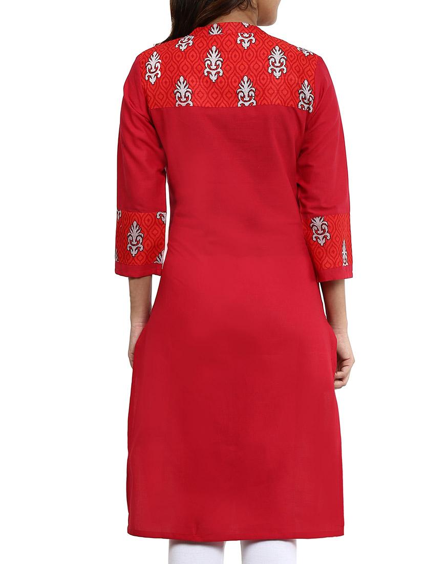 red cotton straight kurta - 12276044 - Zoom Image - 3