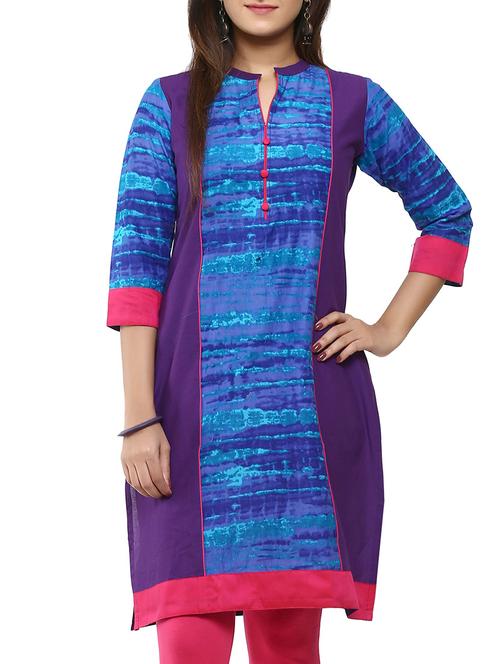 blue and purple cotton straight kurta - 12276050 - Standard Image - 1