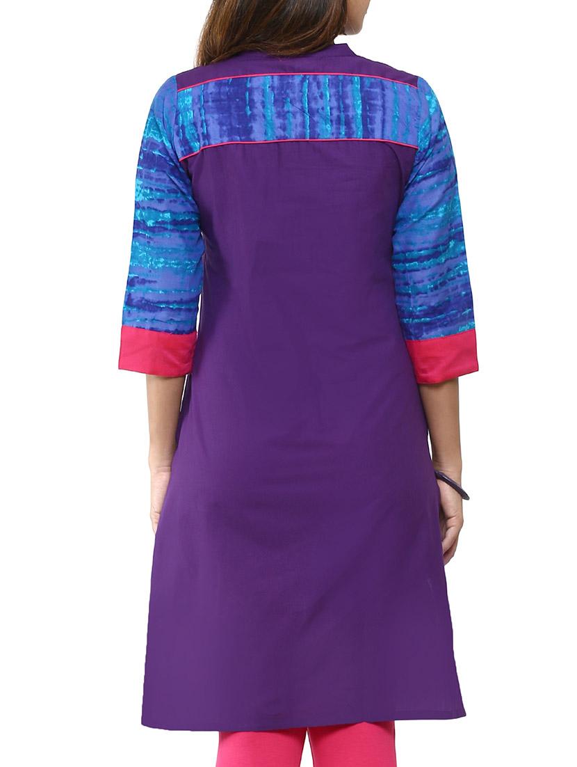 blue and purple cotton straight kurta - 12276050 - Zoom Image - 3