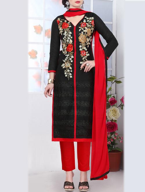 black cotton unstitched suit - 12299227 - Standard Image - 1
