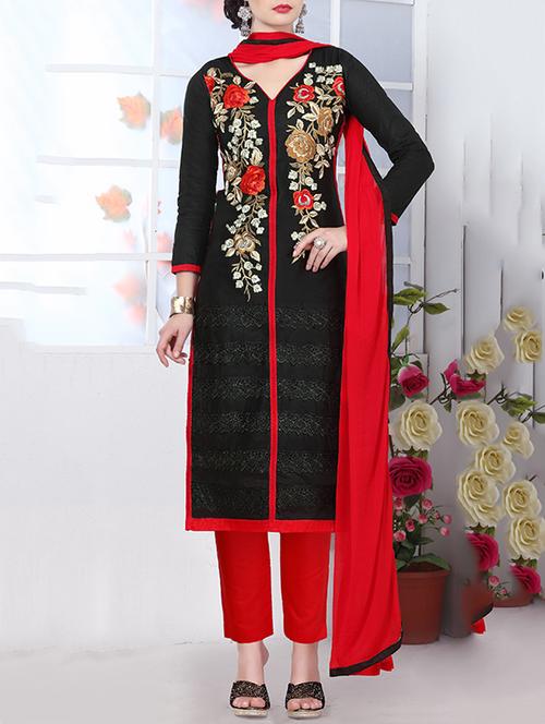 black cotton unstitched suit - 12300731 - Standard Image - 1