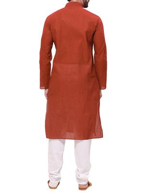 brick red cotton kurta pyjama set - 12300748 - Standard Image - 3