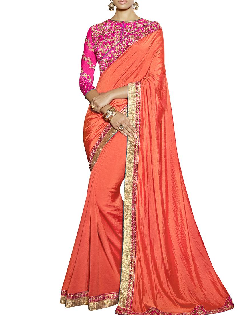 orange poly satin bordered saree with blouse - 12308125 - Zoom Image - 1