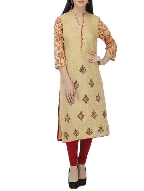 beige cotton straight kurti - 12323041 - Very Small Image - 1