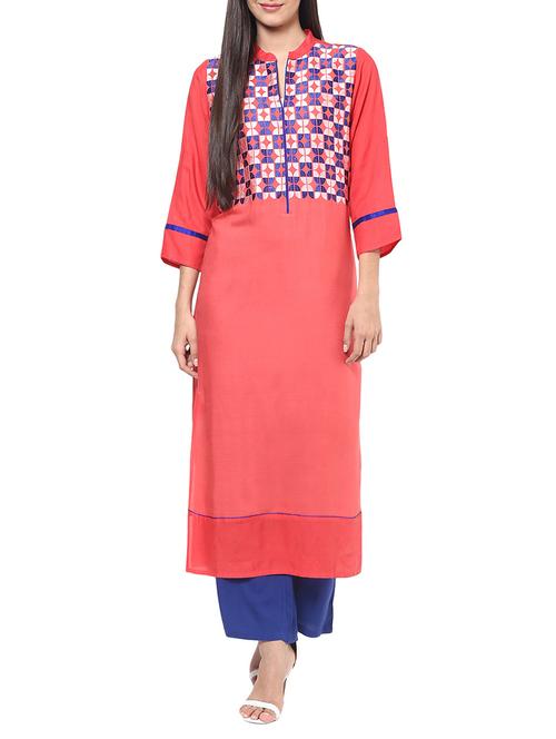 peach viscose straight kurta - 12328358 - Standard Image - 1
