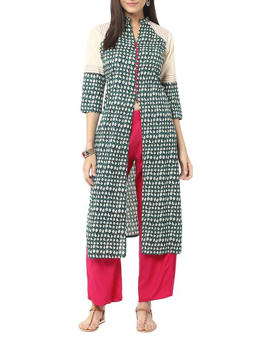 green cotton kurta with salwar - 12329539 - Standard Image - 1