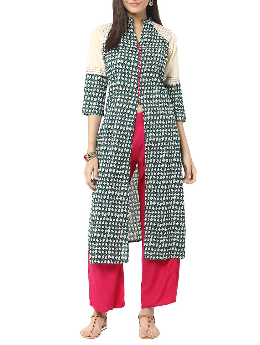 green cotton kurta with salwar - 12329539 - Zoom Image - 1