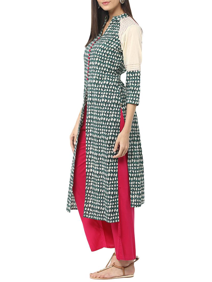green cotton kurta with salwar - 12329539 - Zoom Image - 2