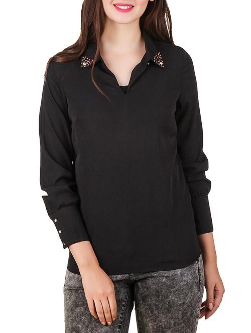 embellished collar edge solid shirt - 12332173 - Standard Image - 1