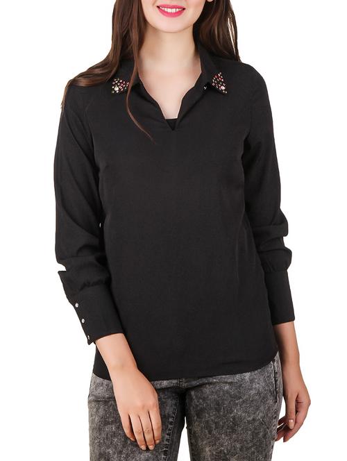 embellished collar edge solid shirt  - 12332173 -  Standard Image - 0