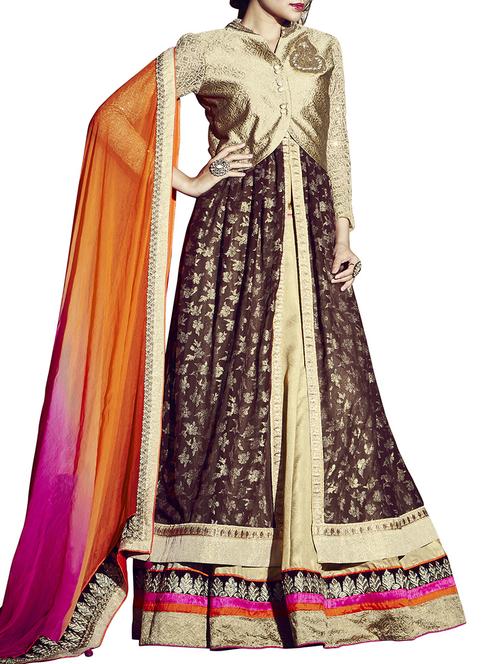 brown silk semi-stitched skirt suit - 12339119 - Standard Image - 1