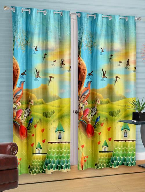 set of 2 rising sun and birds theme printed kids curtain - 12339194 - Standard Image - 1