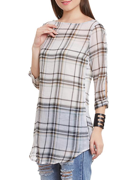 white checkered chiffon regular tunic - 12344973 - Zoom Image - 2