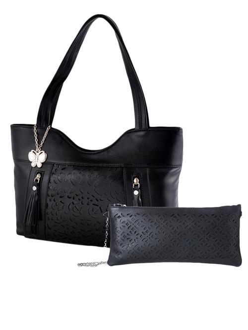 black leatherette handbag and clutch combo - 12379316 - Standard Image - 1