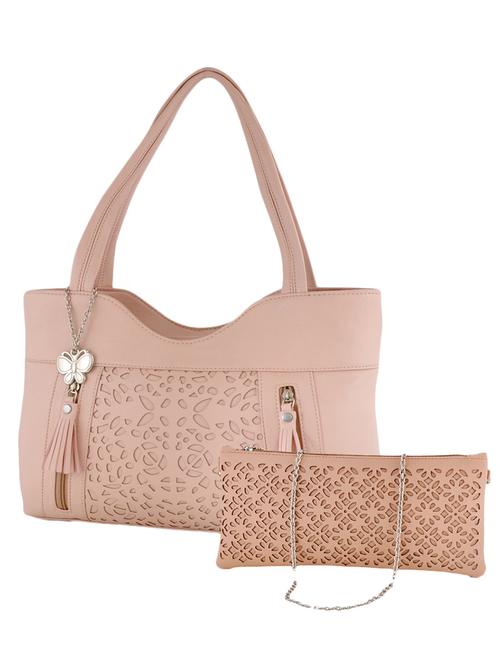pink leatherette cutwork handbag and clutch combo - 12379318 - Standard Image - 1